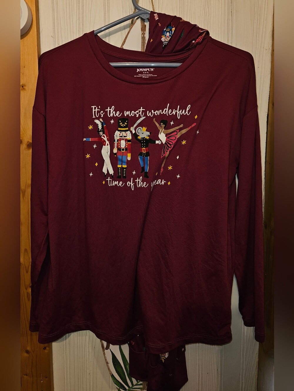JoySpun Maroon Holiday Nutcracker Graphic Long Sleeve Top/pants PJ Set